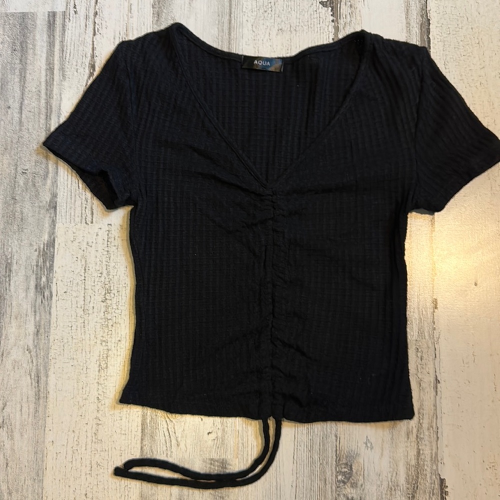 AQUA Drawstring Ruched Cinched Crop Top